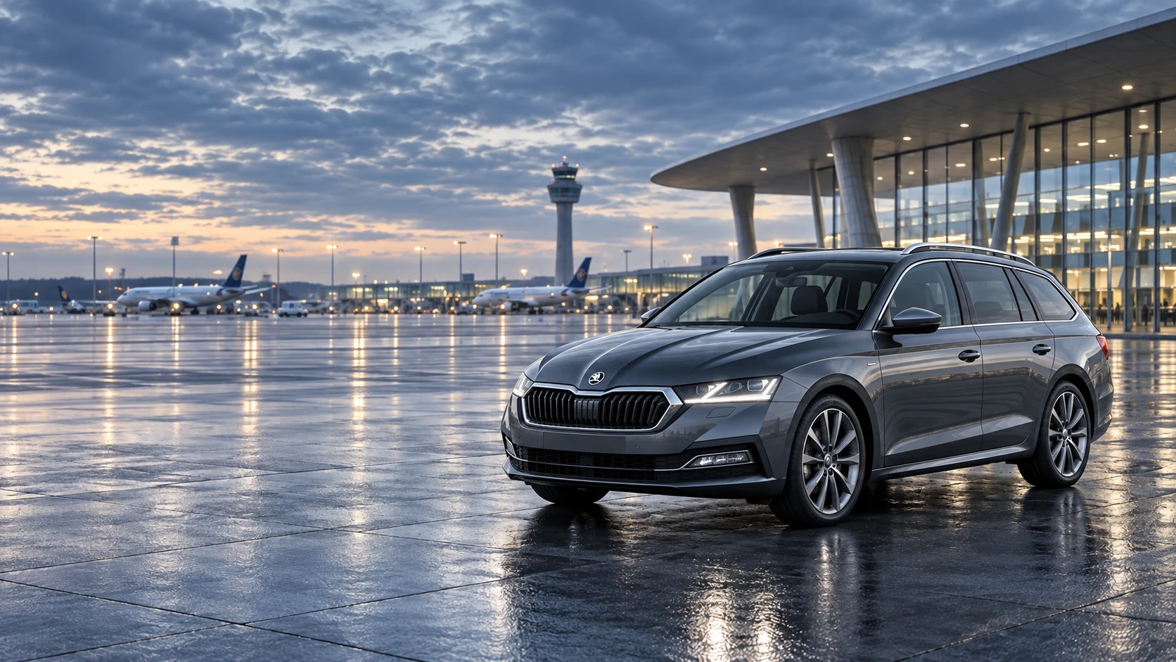 Szara Škoda Octavia kombi przy terminalu lotniska